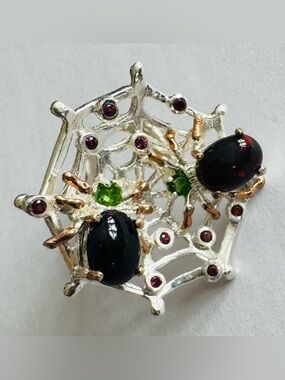Sterling Silver Spider Web Ring with Gem Stones Sz 7